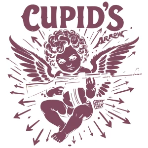 Dark-style Cupid holding a rifle with flying arrows and bold text ‘Cupid’s Arrow’ – edgy and artistic T-shirt design with street style