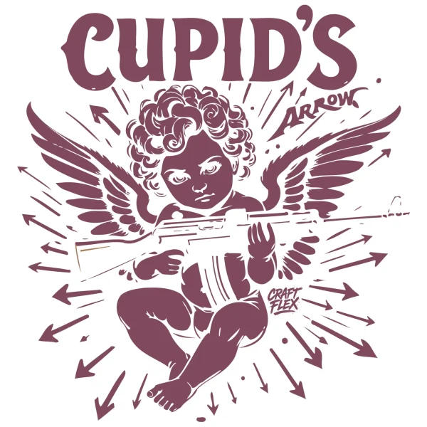 Dark-style Cupid holding a rifle with flying arrows and bold text ‘Cupid’s Arrow’ – edgy and artistic T-shirt design with street style