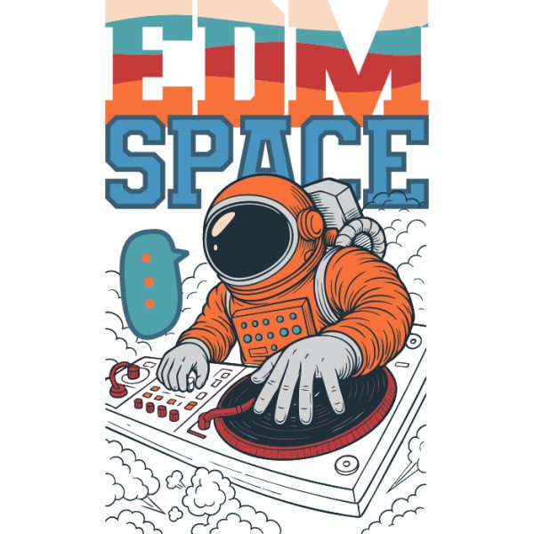 Colorful cartoon of an astronaut DJ spinning vinyl records in space, with bold retro text 'EDM SPACE' above. Futuristic and playful streetwear design for music and party lovers.
