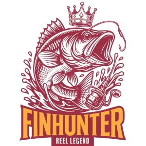 Powerful fish jumping out of water with a crown and a fishing hook in its mouth, paired with bold vintage-style text reading 'Finhunter – Reel Legend'. Perfect for fishing lovers and outdoor lifestyle.