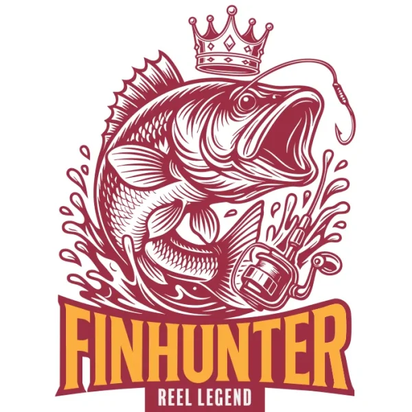 Powerful fish jumping out of water with a crown and a fishing hook in its mouth, paired with bold vintage-style text reading 'Finhunter – Reel Legend'. Perfect for fishing lovers and outdoor lifestyle.