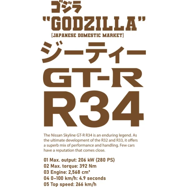 Typography-focused graphic featuring Japanese characters and bold text 'GODZILLA GT-R R34' with performance specs of the Nissan Skyline R34. A classic JDM-themed streetwear design.