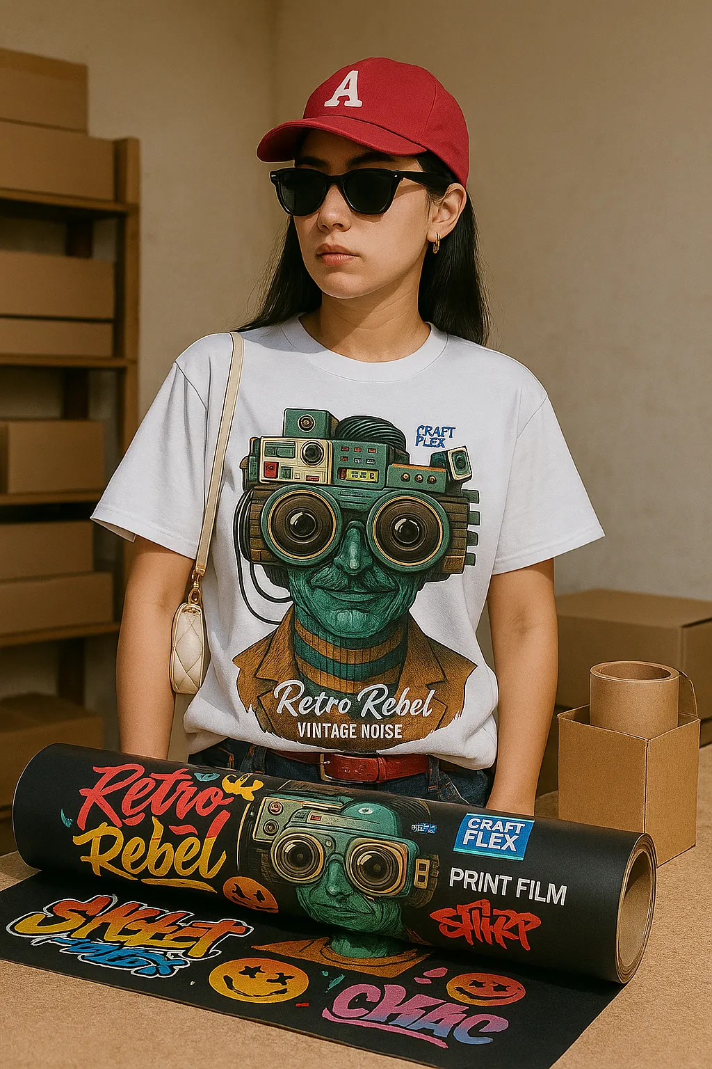 "Young woman wearing a white oversized T-shirt featuring a bold vintage-style graphic of a green-skinned man with retro camera goggles, titled 'Retro Rebel – Vintage Noise', standing beside CraftFlex DTF print film rolls with matching artwork."