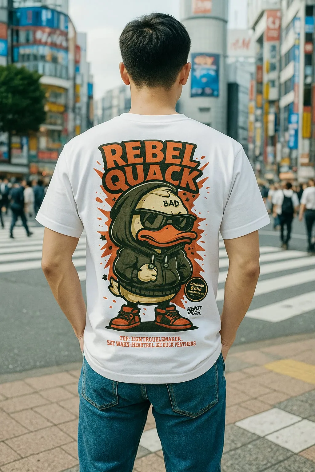 Streetwear t-shirt with rebellious duck cartoon and “REBEL QUACK” print worn by young man in Tokyo – urban fashion piece from CraftFlex’s FlexStreet oversized graphic tee collection.