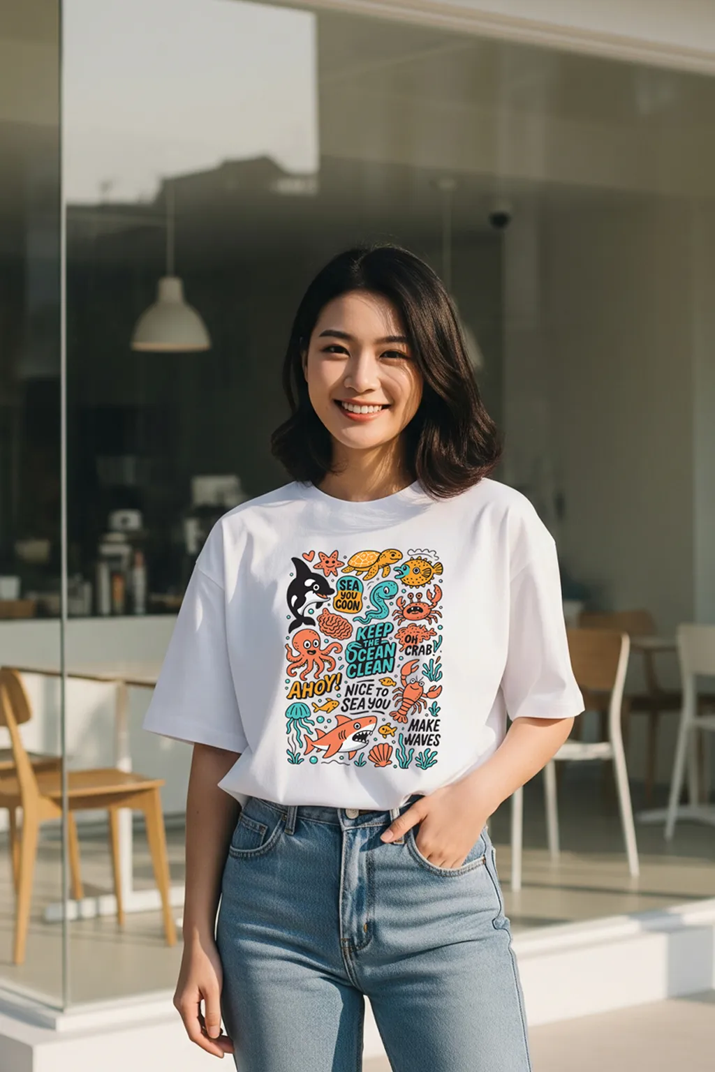 Asian woman wearing eco-friendly graphic tee with colorful sea life illustrations – part of CraftFlex's FlexiToon collection, perfect for streetwear lovers and ocean conservation advocates.